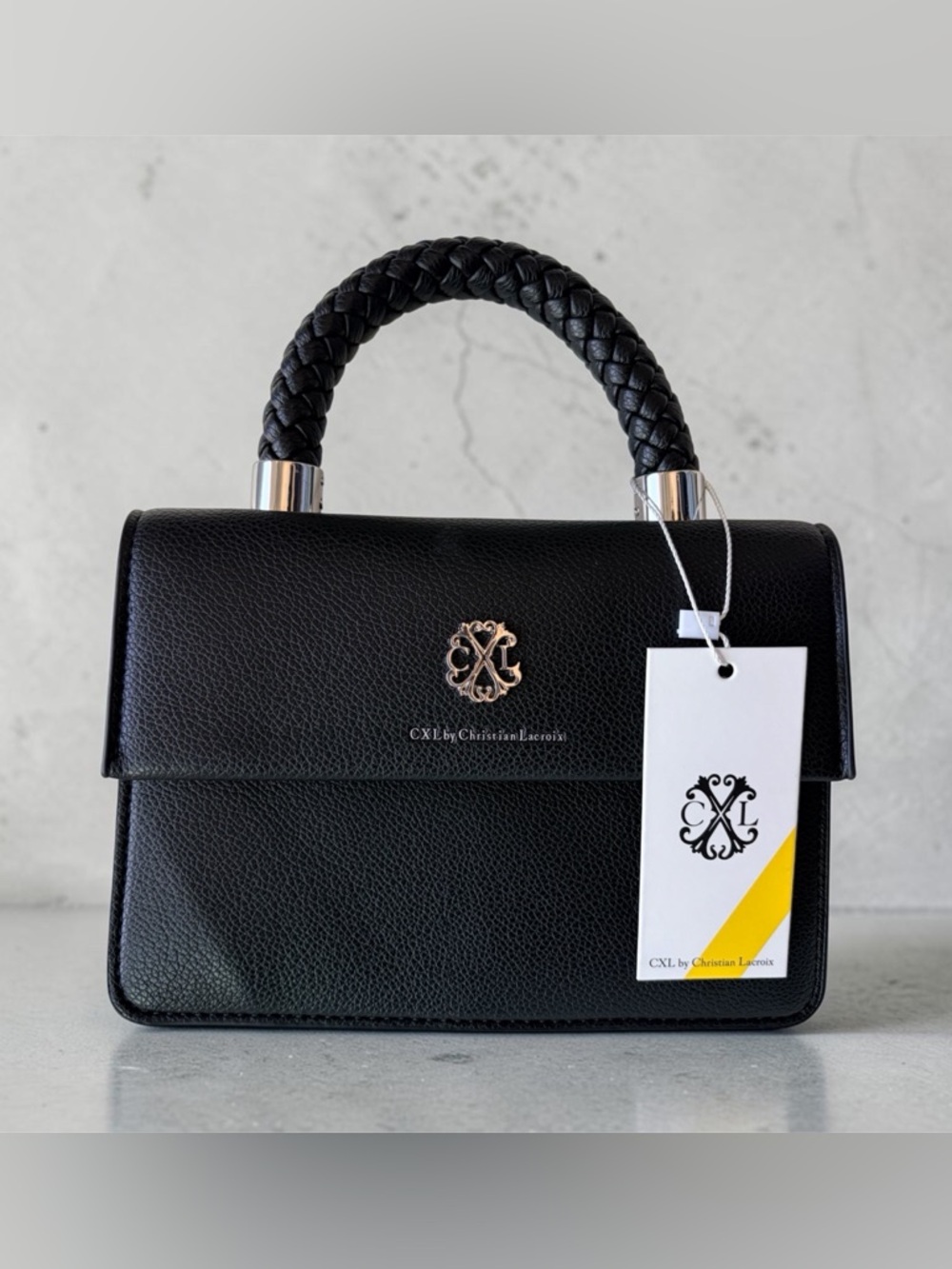 Christian Lacroix Black Braided-Handle Leather Satchel with Gold Logo
